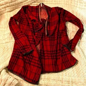 Black and red plaid cardigan with leather trim